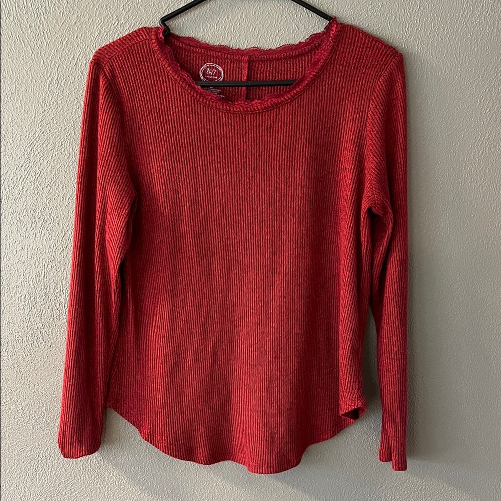 Maurices Red Ribbed Long Sleeve Top with Lace Trim Size Medium